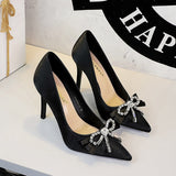 French Elegant Rhinestone Bow Super High Heel Women Shoes Pointed Toe Shallow Mouth Stiletto Heel Pumps