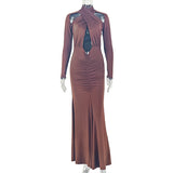 Cocktail Women Solid Color Close Fitting Curve Hip Design Sexy Bandeau Long Sleeve Dress