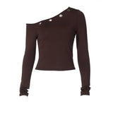 Winter One Shoulder Cold Shoulder Corns Solid Color Cropped Exposed Pullover Upper Clothes Long Sleeves T shirt