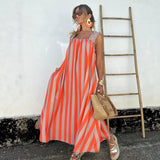 Striped Print Loose A Hem Color Matching Sling Maxi Dress