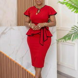 Women Clothing African Bell Sleeve round Neck Multicolor Lace up Ruffled Sheath Dress