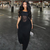Women Clothing Solid Color Design Slightly Revealed Cropped Hip round Neck Slim Street Maxi Dress