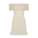 Women Clothing Ruffle Hip Ruffled Mesh Outerwear Strapless Dress Slim Dress