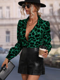 Women Clothing Satin Shirt Early Autumn Casual Leopard Print Sexy Long Sleeved Top