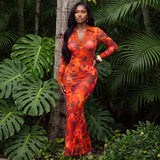Women Clothing Autumn Sexy Digital Printing Contrast Color Polo Collar Long Sleeve Slim Dress
