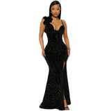 Women Wear Solid Color Sexy Suspenders Sequined Maxi Dress Slit Evening Dress