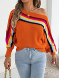 Women Clothing Real Shot Autumn Winter Rainbow Striped off Neck off the Shoulder Lantern Sleeve Sweater