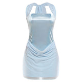 Summer Women Clothing French Sexy Halter Lace up Solid Color Low Neck Slim Waist Hip Dress for Women