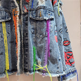 Women’s Distressed Denim Jacket – Cropped Loose-Fit Fall Coat, Printed Studded Jean Outerwear
