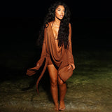 Women Clothing Summer Mesh Swing Collar Wide Hem Long Sleeve Backless Dress