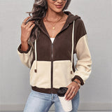 Autumn Winter Casual Zipper Cardigan Hooded Color Matching Polar Fleece Jacket Women