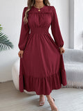 Autumn Winter Solid Color Elegant Wooden Ear Cinched Pleated Maxi Dress Women Clothing