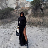 Autumn Stand Collar Long Sleeve Pleated Sexy Slit Hip Bag Dress Women