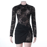 Autumn Lace Sexy See through Hollow Out Cutout round Neck Long Sleeve Narrow Dress