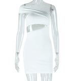 Women Clothing Solid Color Dress Sexy Diagonal Collar Cold Shoulder Sleeveless Hip Dress
