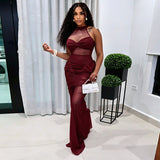 Women Clothing Summer Solid Color Casual Mesh Stitching Sleeveless Twisted Pleated Maxi Dress
