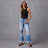 Ripped Tassel Washed Wide Leg Women Jeans