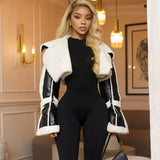 Women Clothing Street Faux Leather Stitching Short Fur Collar Cropped Coat