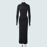 Autumn Stand Collar Long Sleeve Pleated Sexy Slit Hip Bag Dress Women