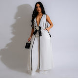 Women Sexy Camellia Bow Sleeveless Long Vest Wide Leg Pants Set