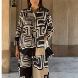 Women Clothing Cotton Linen Multi Color Printed Long Sleeve Casual Straight Pants Two Piece Set