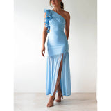 Autumn Winter Hollow Out Cutout out One Shoulder Ruffled Mesh Dress