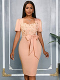 Women Clothing High Grade Three Dimensional Rose Square Collar Dress Bow Waist Tight Cocktail Hip Dress