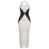 Autumn Winter Women Elegant Sexy Lace Stitching Hollow Out Cutout Contrast Color Slim Fit Halter Dress