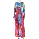 Women Clothing Vintage Crumpled Printed Patchwork Waist Slimming A line Dress round Neck Home Long Sleeve Dress