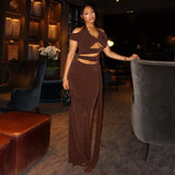 Solid Color Personalized Design Women Hollow Out Cutout Party Hip Dress Slim Fit Lace up Halter Maxi Dress
