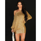 Spring Diagonal Collar Long Sleeve Bronzing Sexy Dress