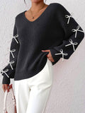 Women Autumn Winter Coat Women Clothing Ribbon Bow Decorative Woven Pullover