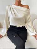 Oblique Shoulder Design Long Sleeve Shirt Women Asymmetric Pullover Top Solid Color Satin Long