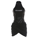 Summer Women Clothing Sexy Stand up Collar Slim Fit Hip Stitching Faux Leather Sleeveless Dress for Women