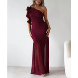 Autumn Winter Hollow Out Cutout out One Shoulder Ruffled Mesh Dress