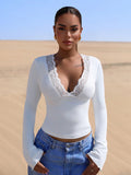 V neck Stitching Lace Sexy Long Sleeve Slim Fit Top