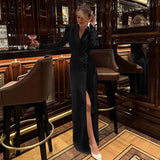 Spring Autumn Party Dress Women V neck Long Sleeve High Waist Split French Dress