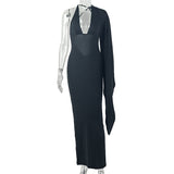 Solid Color Backless Sexy Women Clothing Asymmetric Hip V neck Long Sleeve Party Dress