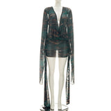 Women Clothing Summer Sexy Mesh Deep V Plunge neck Digital Printing Slim Mini Dress