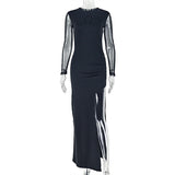 Slim Fit Women Split Solid Color Micro Transparent Hip Dress round Collar Design Long Sleeve Dress