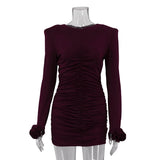 Women Clothing Sexy Nightclub Dress Pullover round Neck Long Sleeves Pleating Skinny Hip