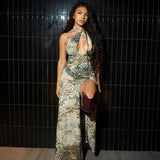 Women Clothing Elegant Halter Deep V Plunge neck Backless Waist Tight Slit Dress Abstract Printing Dress Women