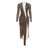 Summer Women Sexy Leopard Print Deep V Plunge Split Pleated Waist Tight Long Sleeve Dress