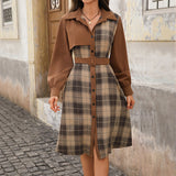 Autumn Winter Casual Workplace Retro Shirt Collar Plaid Stitching Dress Women