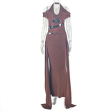 Solid Color Personalized Design Women Hollow Out Cutout Party Hip Dress Slim Fit Lace up Halter Maxi Dress