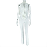 Halter Swing Collar Solid Color Commuting Pants Set Backless Lace up Top Tight Trousers Two Piece Set