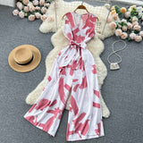 V-Neck High Waist Floral Print Wide Leg Jumpsuit - Loose Fit Women's Romper with Belt
