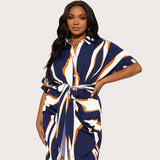 Plus Size Women Striped Bandage Collared Short Sleeve Long Pattern Dress