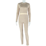 Casual Home Women Slim Fit Elastic Waist Tightening Jumpsuit Print round Neck Long Sleeve Jumpsuit