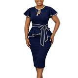Women Clothing African Bell Sleeve round Neck Multicolor Lace up Ruffled Sheath Dress
